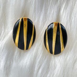 Vintage Monet Earrings Black 14K Gold Plated Oval 80s 90s Clip On Jewelry